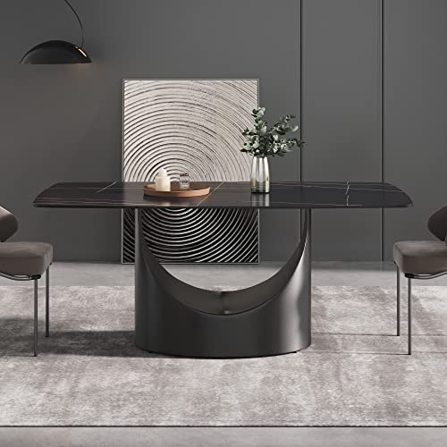 Modern Dining Table, Black Sintered Stone Tabletop Dining Table with Black Carbon Steel Base, 70.8" Rectangular Dining Table for 6-8