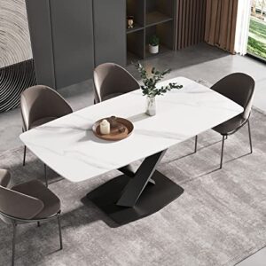 modern dining table, white sintered stone tabletop dining table with x-shaped solid carbon steel base, 70.8" rectangular dining room table for 6-8