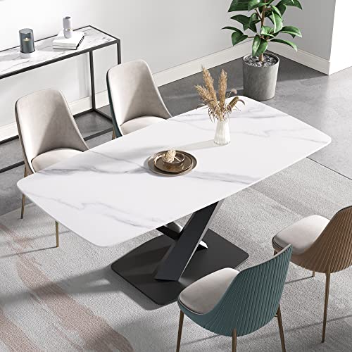 Modern Dining Table, White Sintered Stone Tabletop Dining Table with X-Shaped Solid Carbon Steel Base, 70.8" Rectangular Dining Room Table for 6-8