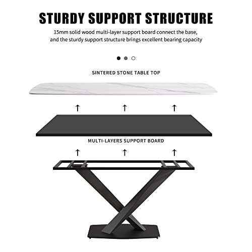 Modern Dining Table, White Sintered Stone Tabletop Dining Table with X-Shaped Solid Carbon Steel Base, 70.8" Rectangular Dining Room Table for 6-8