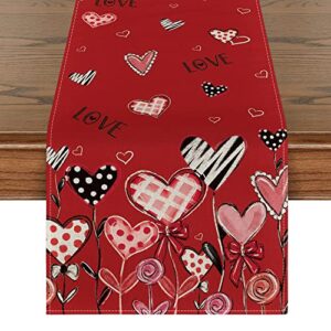 artoid mode red love hearts leaves valentine's day table runner, seasonal holiday kitchen dining table decoration for home party decor 13x72 inch
