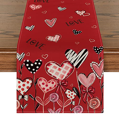 Artoid Mode Red Love Hearts Leaves Valentine's Day Table Runner, Seasonal Holiday Kitchen Dining Table Decoration for Home Party Decor 13x72 Inch