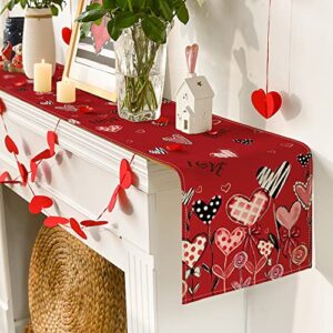 Artoid Mode Red Love Hearts Leaves Valentine's Day Table Runner, Seasonal Holiday Kitchen Dining Table Decoration for Home Party Decor 13x72 Inch