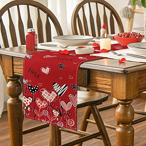 Artoid Mode Red Love Hearts Leaves Valentine's Day Table Runner, Seasonal Holiday Kitchen Dining Table Decoration for Home Party Decor 13x72 Inch