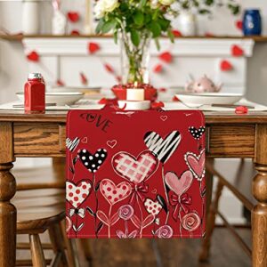 Artoid Mode Red Love Hearts Leaves Valentine's Day Table Runner, Seasonal Holiday Kitchen Dining Table Decoration for Home Party Decor 13x72 Inch