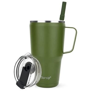 sursip 30 oz mug tumbler with screw lid - stainless steel vacuum insulated cup with straw and handle, keeps drinks cold up to 24 hours - leak proof, dishwasher safe, fit car cup holder (olive green)