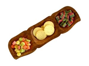 3 compartment acacia wood tray for nuts, candy, snacks, appetizers, chips, condiments, crackers, divided serving platter for parties, decorative sectional relish tray for christmas holidays- 15''