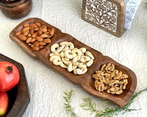 3 Compartment Acacia Wood Tray for Nuts, Candy, Snacks, Appetizers, Chips, Condiments, Crackers, Divided Serving Platter for Parties, Decorative Sectional Relish Tray for Christmas Holidays- 15''