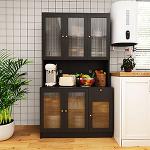 69'' kitchen pantry storage cabinet, freestanding pantry cabinet with cupboard and microwave stand, black buffet cabinet with 6-doors and drawer, modern cupboard hutch for home kitchen (black)