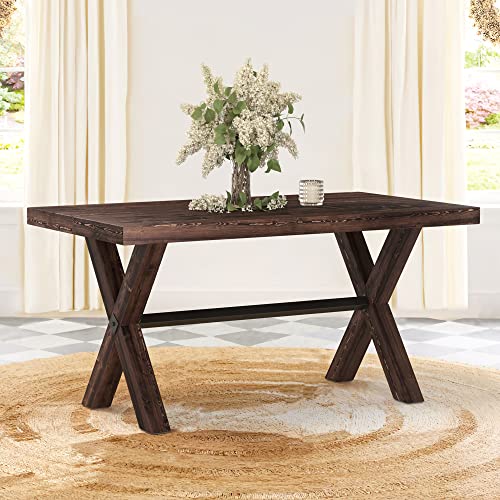 LUE BONA 59'' Dining Table for 6-8 Solid Wood Farmhouse Kitchen Table with Natural Wood Grain for Home and Kitchen, Heavy Duty Rectangular Kitchen & Dining Table for Home and Dining Room Dark Brown