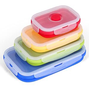 xsuper set of 4 collapsible silicone food storage container, foldable meal prep lunch box containers for food with bpa free airtight lids, bento lunch boxes, microwave, dishwasher & freezer safe