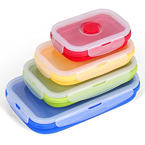 XSUPER Set of 4 Collapsible Silicone Food Storage Container, Foldable Meal Prep Lunch Box Containers for Food with BPA Free Airtight Lids, Bento Lunch Boxes, Microwave, Dishwasher & Freezer Safe