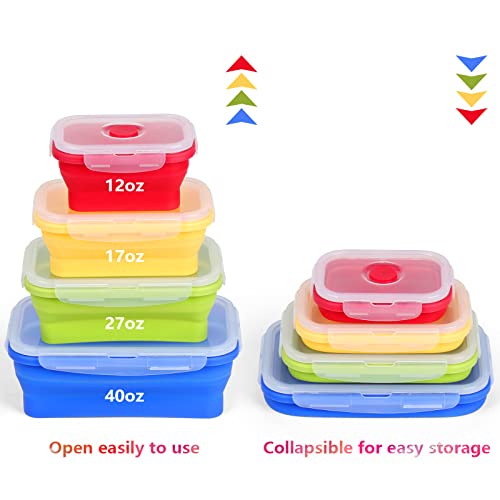 XSUPER Set of 4 Collapsible Silicone Food Storage Container, Foldable Meal Prep Lunch Box Containers for Food with BPA Free Airtight Lids, Bento Lunch Boxes, Microwave, Dishwasher & Freezer Safe