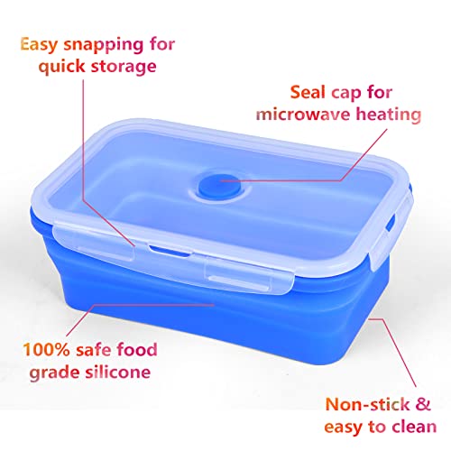 XSUPER Set of 4 Collapsible Silicone Food Storage Container, Foldable Meal Prep Lunch Box Containers for Food with BPA Free Airtight Lids, Bento Lunch Boxes, Microwave, Dishwasher & Freezer Safe