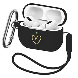 aiiekz compatible with airpods pro 2 case cover 2022, soft silicone case with gold heart pattern for airpods pro 2nd generation case with keychain/lanyard (black)
