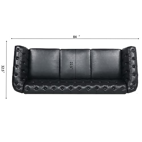 Faux Leather Couch， Modern Chesterfield Sofa Couch, Large 3 seat Couch, Sofas for Living Room, Apartment and Office Couch.(Black Sofa)