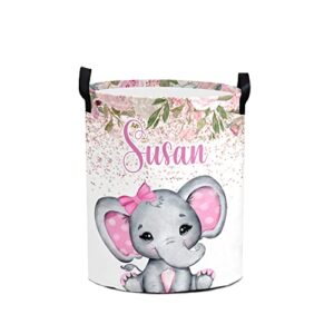 watercolor flower pink elephant laundry basket personalized with name laundry hamper with handle organizer storage bin bedroom decor for boys girls adults