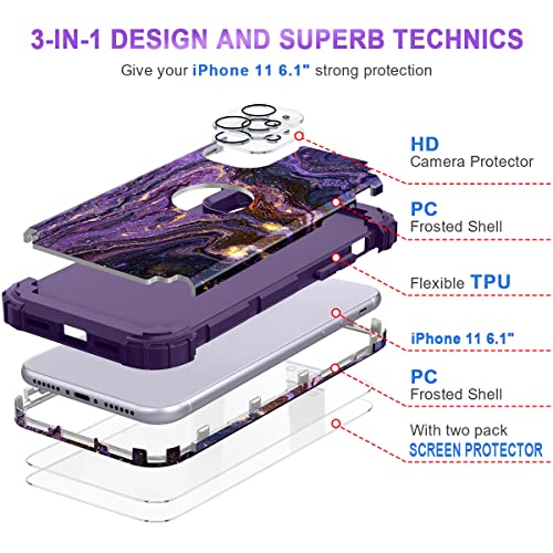 Miqala for iPhone 11 Case with 2 Tempered Glass Screen Protector+ 2 Camera Lens Protector,Three Layer Shockproof Heavy Duty Full Body Protective Case for Apple iPhone 11 6.1 inch.,Purple