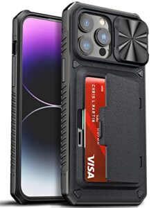 atatoo wallet case for iphone 14 pro max with card holder, sliding camera cover, military grade protective case compatible with iphone 14 pro max 6.7 inch 2022 - black