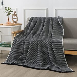 r.share soft knit waffle throw blanket for couch bed with tassel, thin knitted lightweight cozy woven for sofa travel, cute women men, big twin size, 60x80 inches, black and white