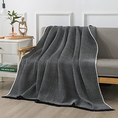 R.SHARE Soft Knit Waffle Throw Blanket for Couch Bed with Tassel, Thin Knitted Lightweight Cozy Woven for Sofa Travel, Cute Women Men, Big Twin Size, 60x80 inches, Black and White