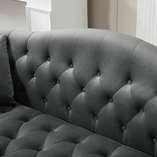 Velvet Chesterfield Sofa,Twin Size Upholstered Couch,Button Tufted Nailhead Trimming Curved Backrest Rolled Arms with Silver Metal Legs Living Room Set,2 Pillows Included (Grey, 59.4 * 29.1 * 35")