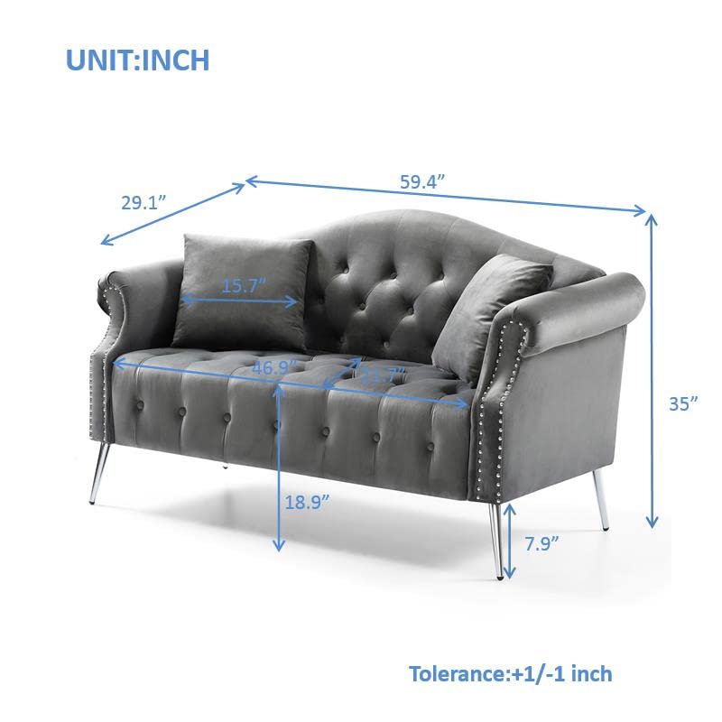 Velvet Chesterfield Sofa,Twin Size Upholstered Couch,Button Tufted Nailhead Trimming Curved Backrest Rolled Arms with Silver Metal Legs Living Room Set,2 Pillows Included (Grey, 59.4 * 29.1 * 35")