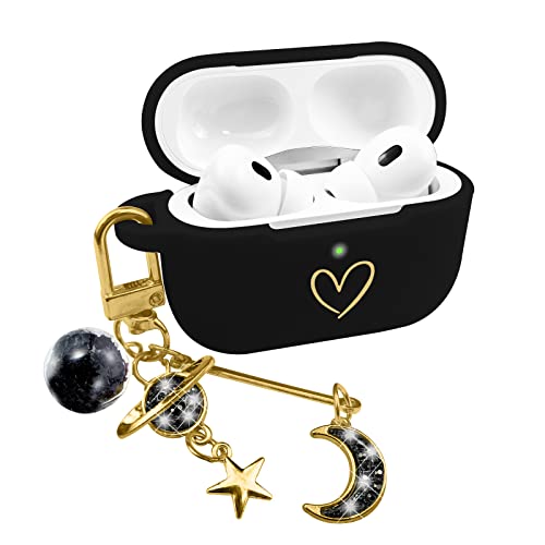 AIIEKZ Compatible with AirPods Pro 2 Case Cover 2022, Soft Silicone Case with Gold Heart Pattern for AirPods Pro 2nd Generation Case with Dream Diamond Planet Moon Keychain (Deep Black)