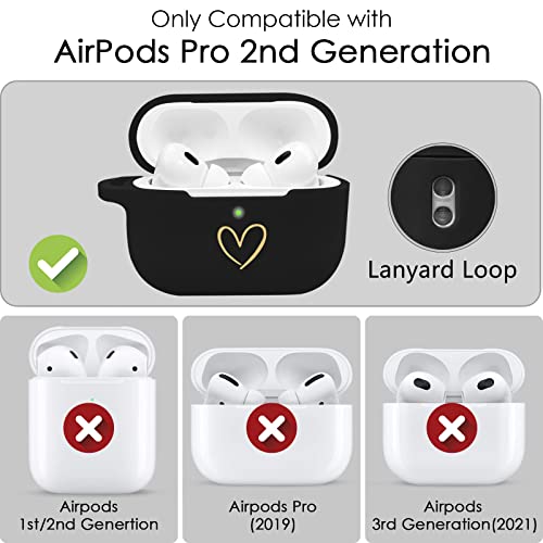 AIIEKZ Compatible with AirPods Pro 2 Case Cover 2022, Soft Silicone Case with Gold Heart Pattern for AirPods Pro 2nd Generation Case with Dream Diamond Planet Moon Keychain (Deep Black)