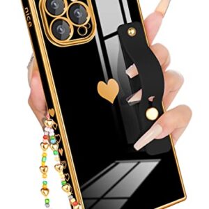 Petitian for iPhone 13 Pro Max Square Case with Loopy Stand/Strap, Luxury Cute Women Girls Heart Electroplated Designer Squared Edge Phone Cases for 13 Pro Max Black