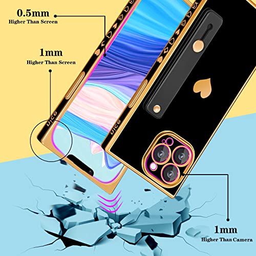 Petitian for iPhone 13 Pro Max Square Case with Loopy Stand/Strap, Luxury Cute Women Girls Heart Electroplated Designer Squared Edge Phone Cases for 13 Pro Max Black