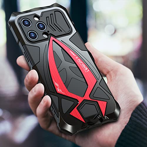 KumWum Armor Phone Case for iPhone 14 Pro Max Military Grade Cover 360 Full Protection Heavy Duty Hybrid Metal Bumper Built-in Silicone Shockproof with Screen Protector - Black + Red