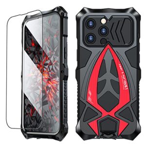 KumWum Armor Phone Case for iPhone 14 Pro Max Military Grade Cover 360 Full Protection Heavy Duty Hybrid Metal Bumper Built-in Silicone Shockproof with Screen Protector - Black + Red