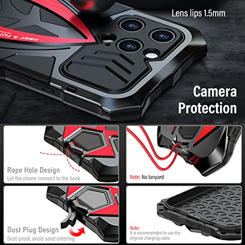 KumWum Armor Phone Case for iPhone 14 Pro Max Military Grade Cover 360 Full Protection Heavy Duty Hybrid Metal Bumper Built-in Silicone Shockproof with Screen Protector - Black + Red