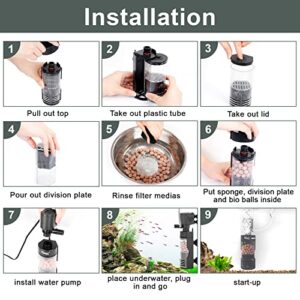 hygger 100 GPH Quiet in Tank Filter with Sponge Bio Balls Airtubing Electric Internal Fish Tank Filter for 10-40 Gallon Aquariums Turtle Tank Venturi Aeration 7W