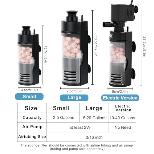 hygger 100 GPH Quiet in Tank Filter with Sponge Bio Balls Airtubing Electric Internal Fish Tank Filter for 10-40 Gallon Aquariums Turtle Tank Venturi Aeration 7W