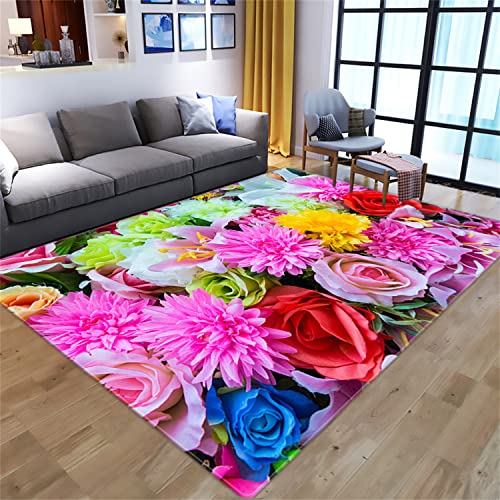 Lgglovelin Colorful Floral Area Rug, 5x6ft,Valentine's Day Logo, Romantic Floral Living Room Decorative Rug, Floral Abstract Art Non-Slip Machine Washable Rug for Living Room Bedroom