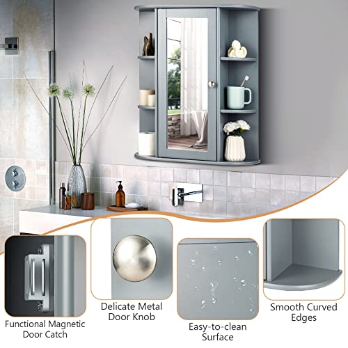 LOKO Bathroom Medicine Cabinet with Mirror, Bathroom Mirror Cabinet with 6-Position Adjustable Shelf, Bathroom Wall Cabinet with Single Mirror Door, 23.5 x 6.5 x 28 inches (Grey)