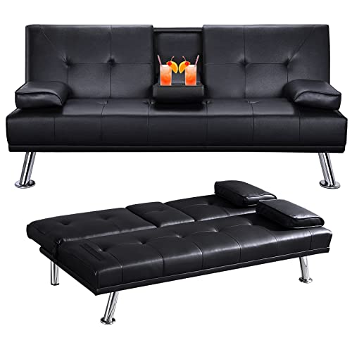 Ucloveria Modern Faux Leather, Multifunctional Sofa Bed, Convertible Folding Recliner Lounge Futon Couch for Living Room with 2 Cup Holders with Armrest（Black）