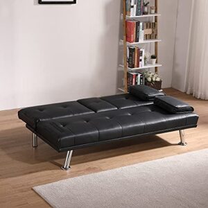 Ucloveria Modern Faux Leather, Multifunctional Sofa Bed, Convertible Folding Recliner Lounge Futon Couch for Living Room with 2 Cup Holders with Armrest（Black）