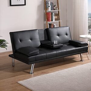 Ucloveria Modern Faux Leather, Multifunctional Sofa Bed, Convertible Folding Recliner Lounge Futon Couch for Living Room with 2 Cup Holders with Armrest（Black）