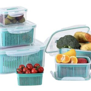 Plastic Food Storage Containers, Fresh Vegetable Fruit Storage Containers for Refrigerator, Kitchen Produce Saver Container with a Draining Basket, BPA Free (5 Pack)