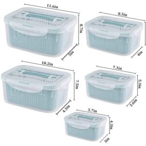 Plastic Food Storage Containers, Fresh Vegetable Fruit Storage Containers for Refrigerator, Kitchen Produce Saver Container with a Draining Basket, BPA Free (5 Pack)