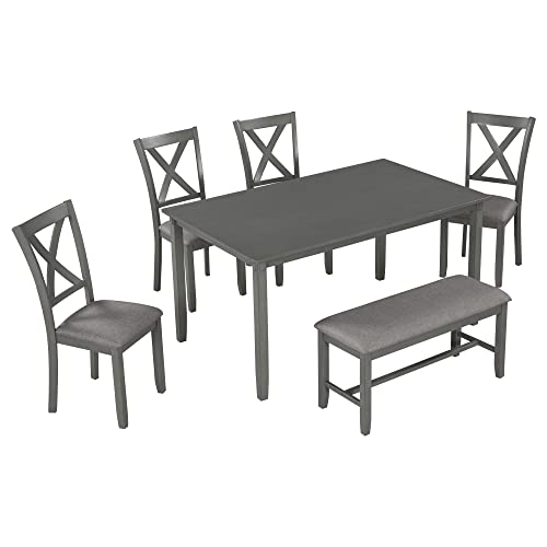 Merax Six Pieces Wooden Rectangular Dining Table Set with 4 Padded Chairs and Bench, Family Furniture, Grey-6