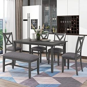 merax six pieces wooden rectangular dining table set with 4 padded chairs and bench, family furniture, grey-6
