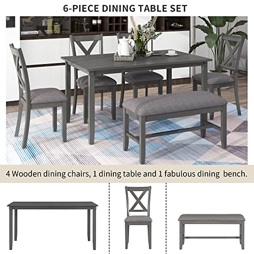 Merax Six Pieces Wooden Rectangular Dining Table Set with 4 Padded Chairs and Bench, Family Furniture, Grey-6