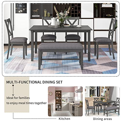 Merax Six Pieces Wooden Rectangular Dining Table Set with 4 Padded Chairs and Bench, Family Furniture, Grey-6