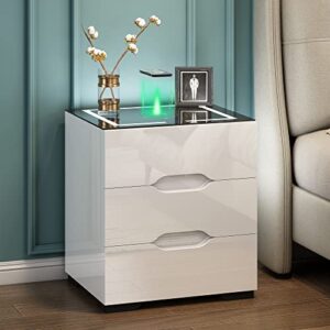 kepptory white nightstand with wireless charging station & adjustable led lights, high gloss end table with 3 drawers & usb charging, bedside table organizer for bedroom use