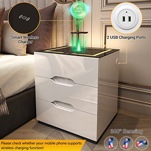 kepptory White Nightstand with Wireless Charging Station & Adjustable LED Lights, High Gloss End Table with 3 Drawers & USB Charging, Bedside Table Organizer for Bedroom Use