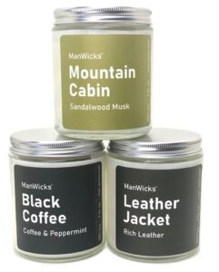 manwicks candle gift set | 3 candles | sandalwood musk, coffee & peppermint, rich leather | 100% soy wax | includes gift boxes